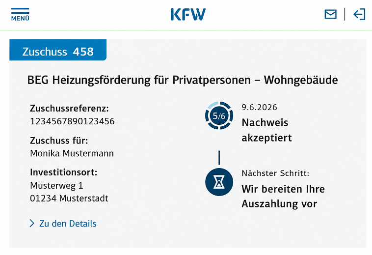 Muster-Screenshot von erfolgreicher Beantragung des Programms 458.